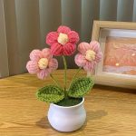Pink Crochet Flower Pot Desk Decoration